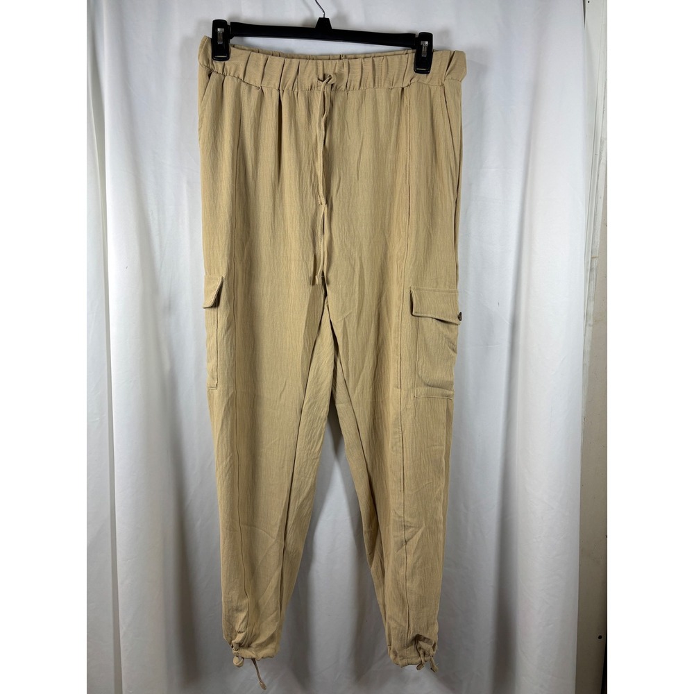 NYC Women 1X Tan Khaki Cargo Jogger Pants Elastic Waist Tie Cuff Textured